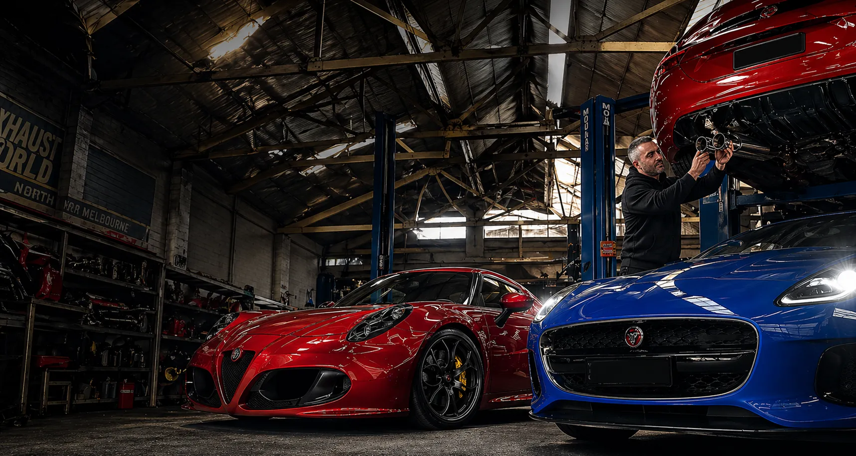 Daniel working on a Jaguar exhaust in the Exhaust World workshop, North Melbourne
